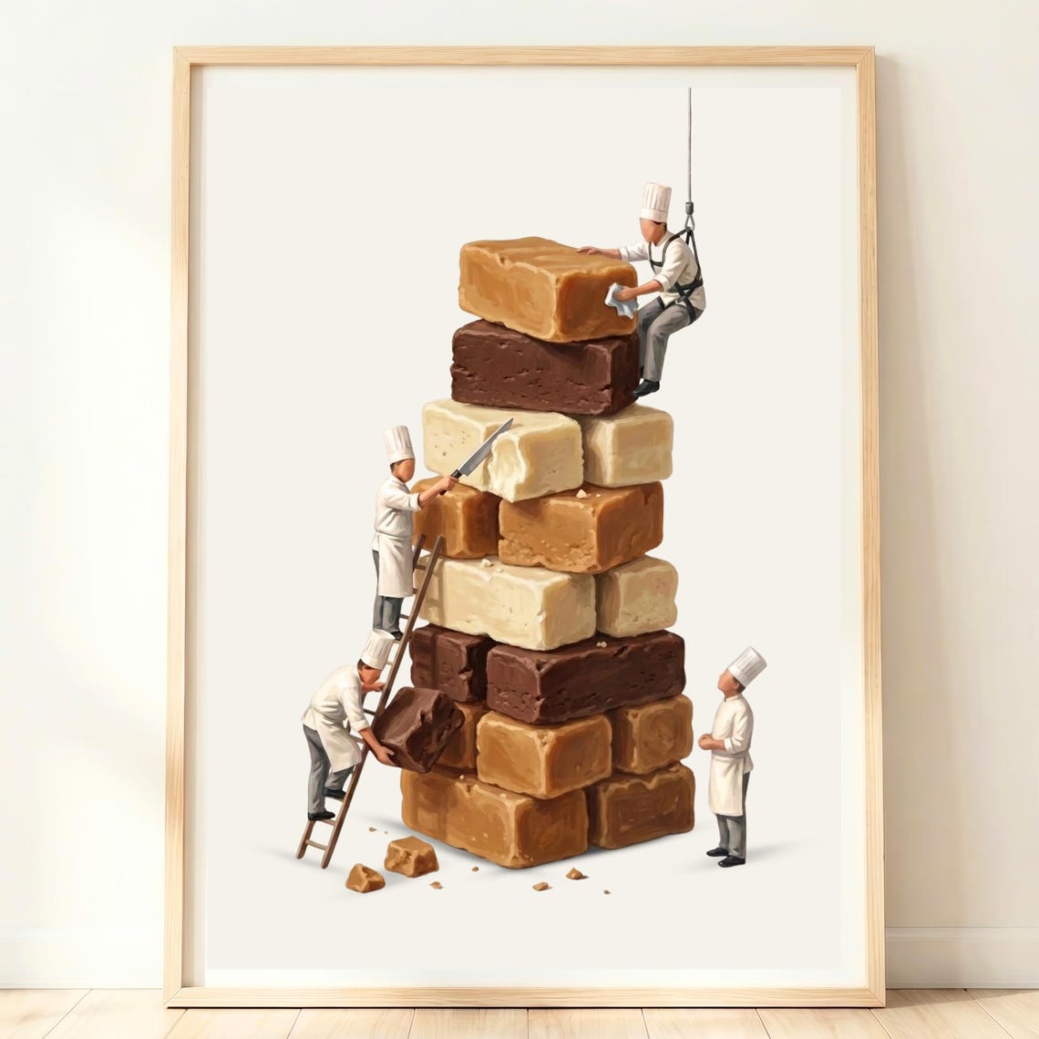 Tiny Chefs Stacking Giant Fudge Squares Sweet Shop Fun Poster
