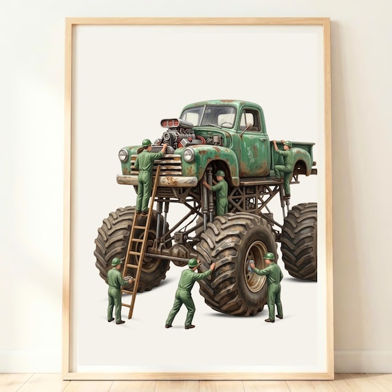 Miniature Mechanics Giant Green Vintage Monster Truck Boys Poster