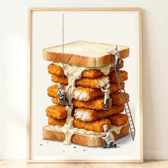 Fish Finger Sandwich Wall Art British Food Print Kitchen Decor Poster Coastal Dining Artwork Comfort Illustration