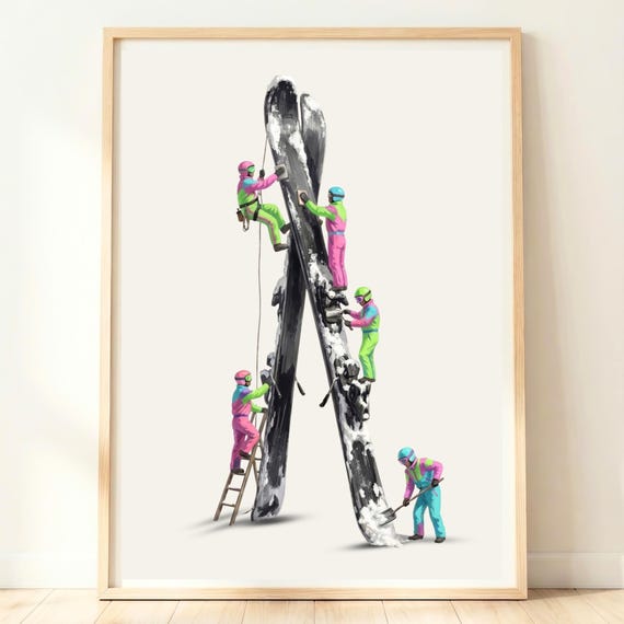 Tiny Skiers Waxing Giant Skis Whimsical Neon Retro Ski Poster