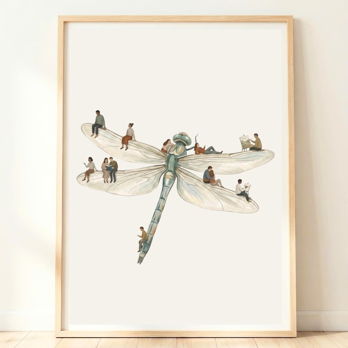 Giant Dragonfly Watercolor Tiny People Riding Wings Whimsical Art Print