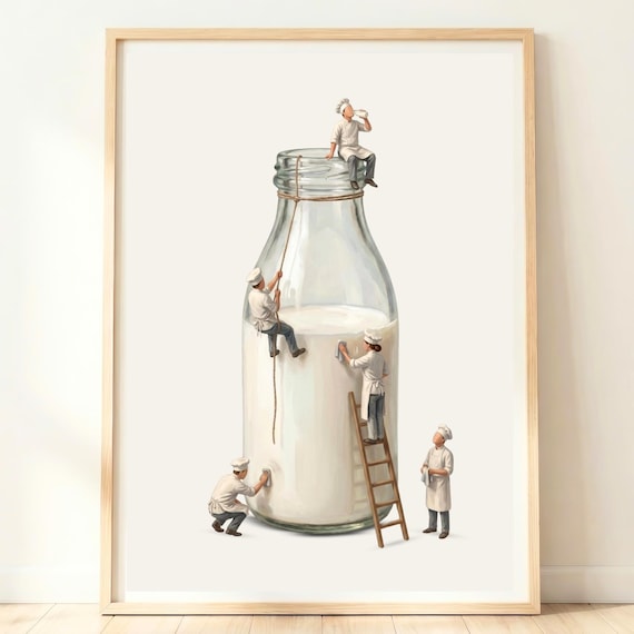 Milk Bottle Wall Art Dairy Print Breakfast Kitchen Minimal Artwork Neutral Home Decor