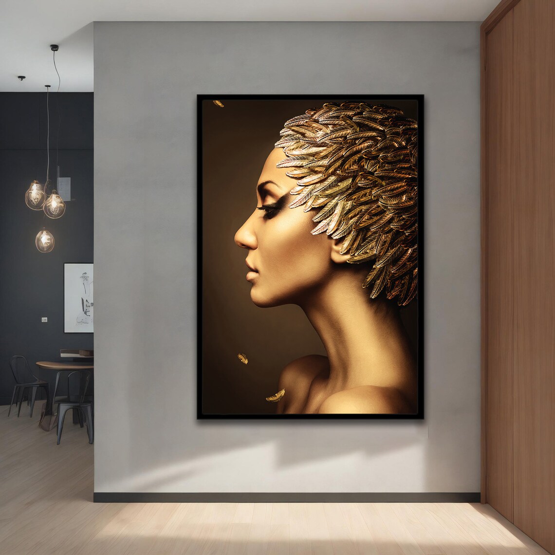 Golden Feather Woman Profile Portrait Luxurious Brown Black Wall Art Print