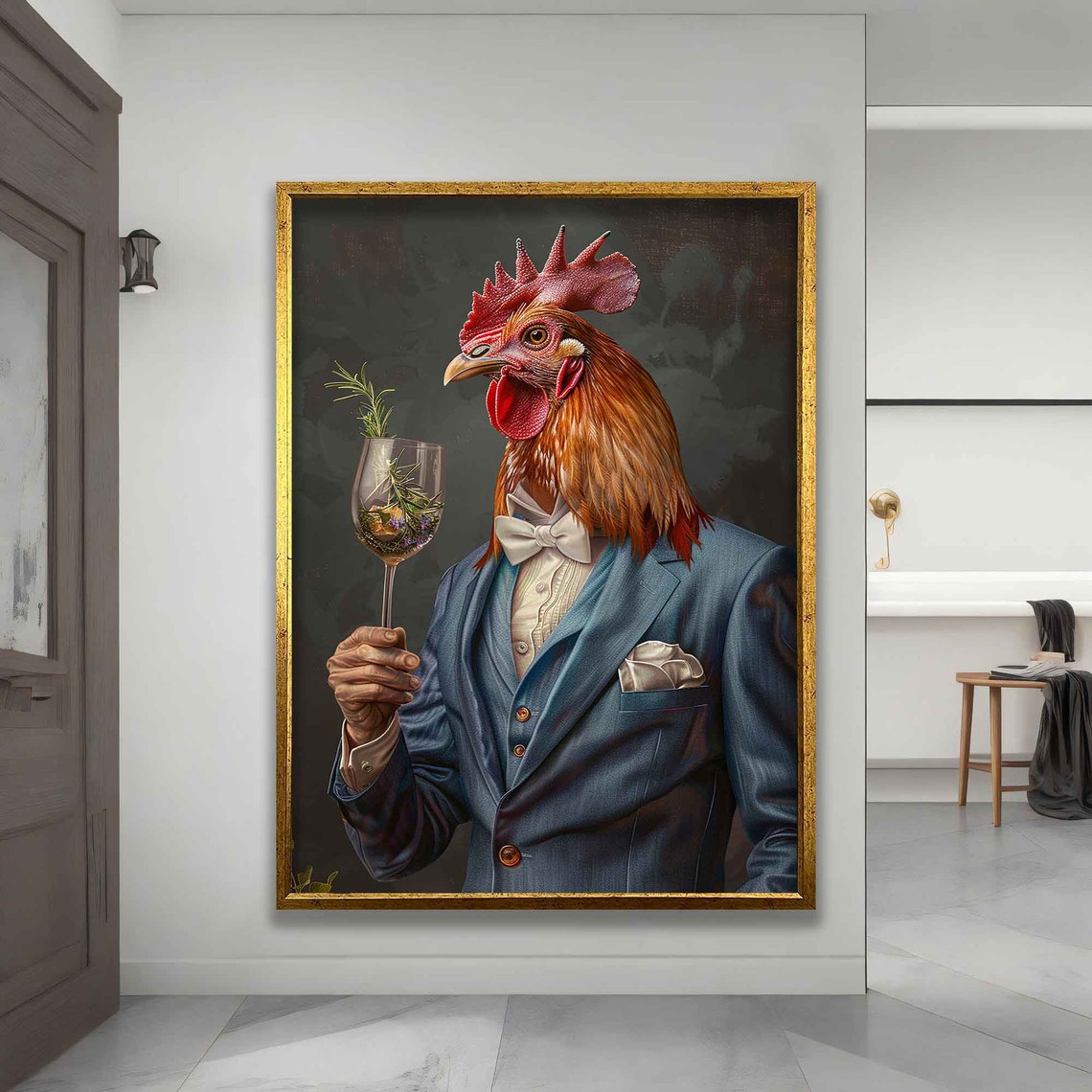 Dapper Rooster Blue Suit Bow Tie Holding Wine Glass Whimsical Poster - Image 3