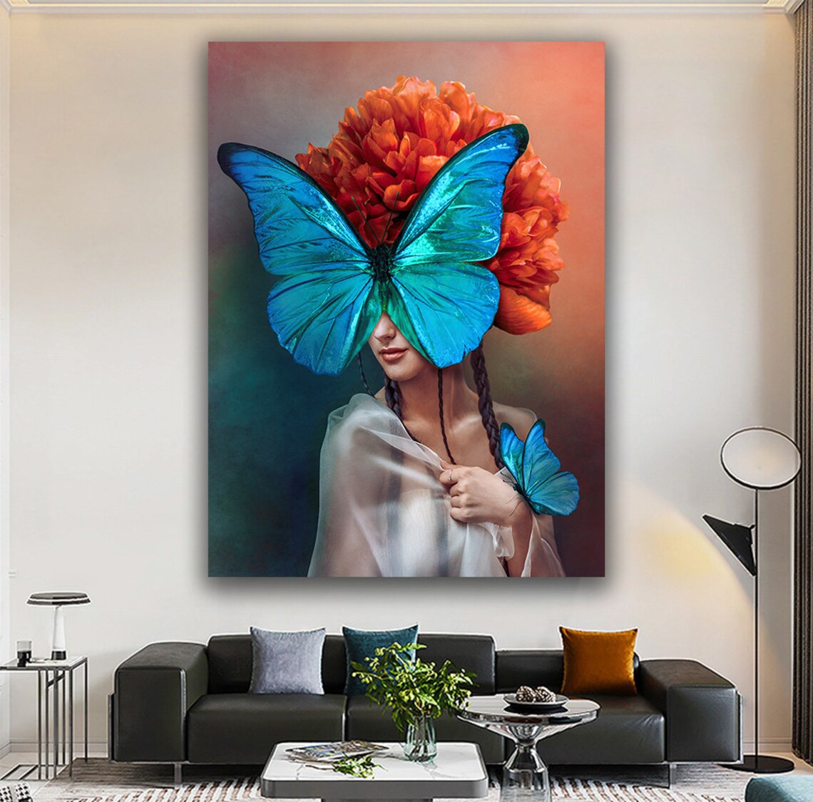 Surreal Woman Blue Butterfly Mask Orange Blossom Dream Portrait Poster - Image 3
