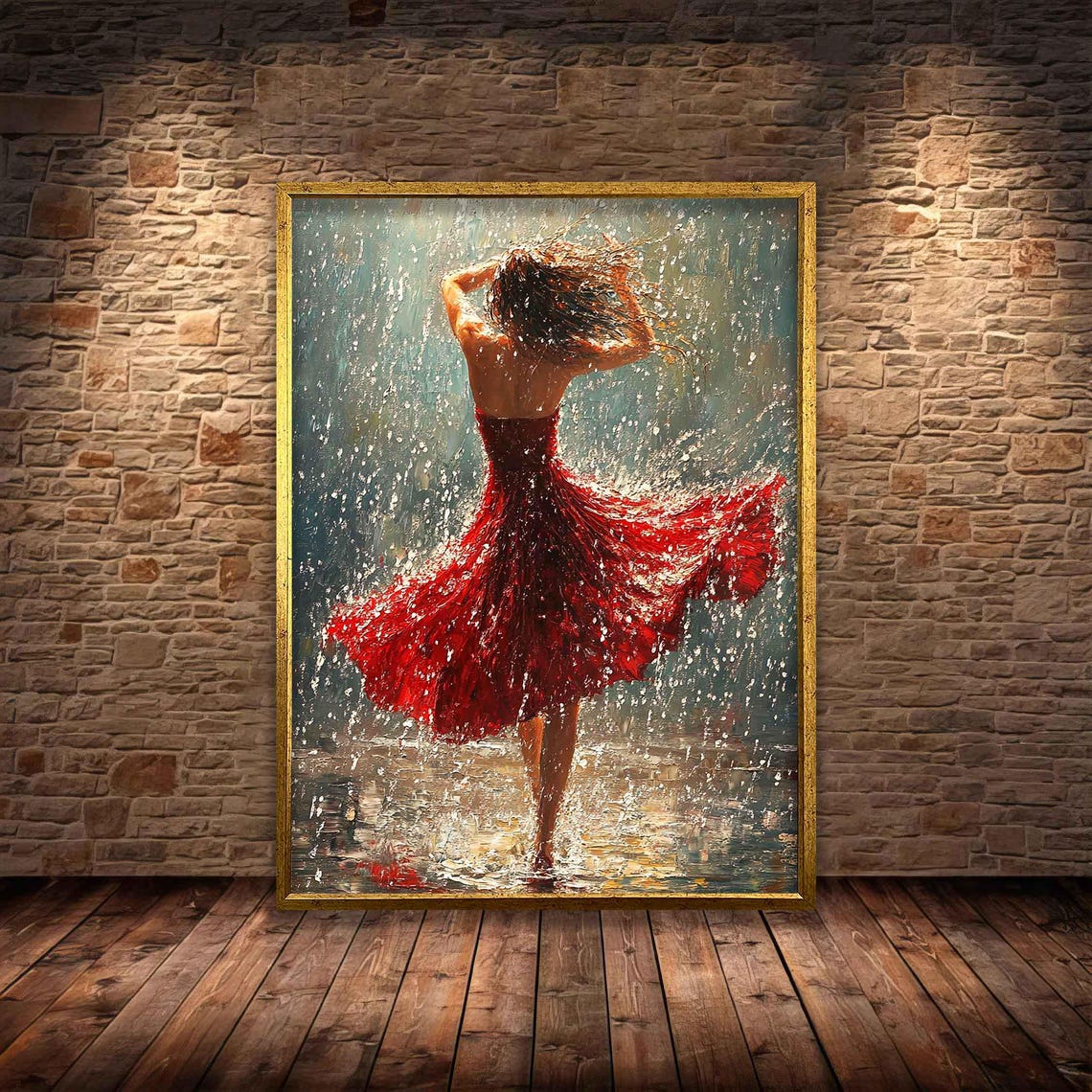 Woman In Red Dress Dancing In Rain Splashing Water Romantic Art Print - Image 3