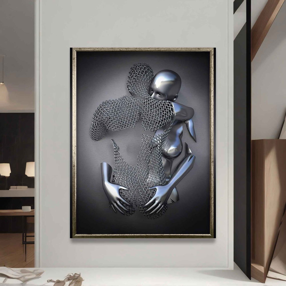 Chainmail Hugging Couple Silver Metallic Sculpture Embrace Art Poster - Image 5