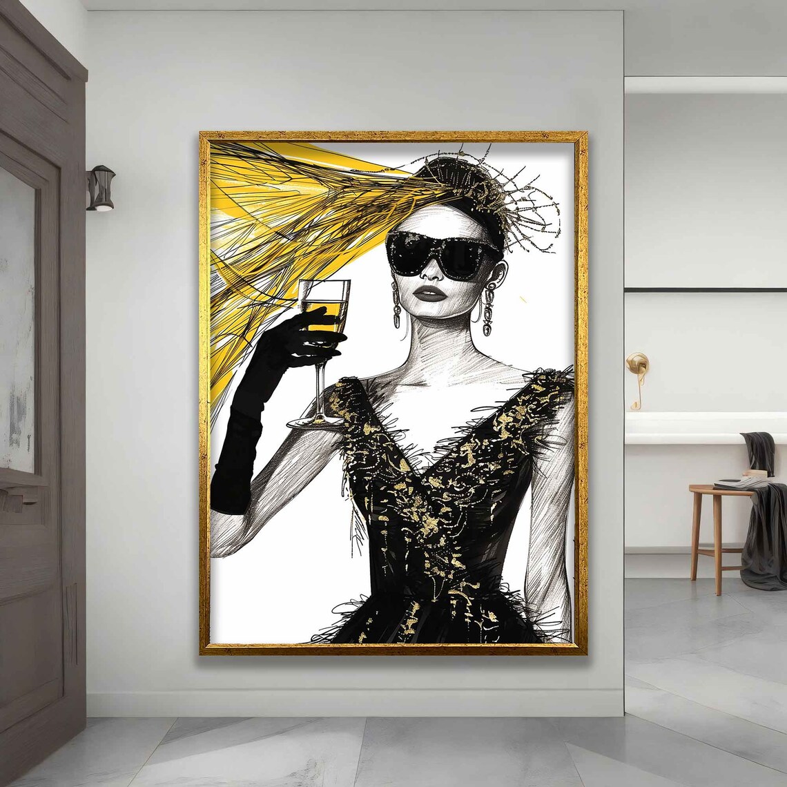 Fashion Sketch Woman Champagne Glamorous Black Gold Elegant Art Poster - Image 3