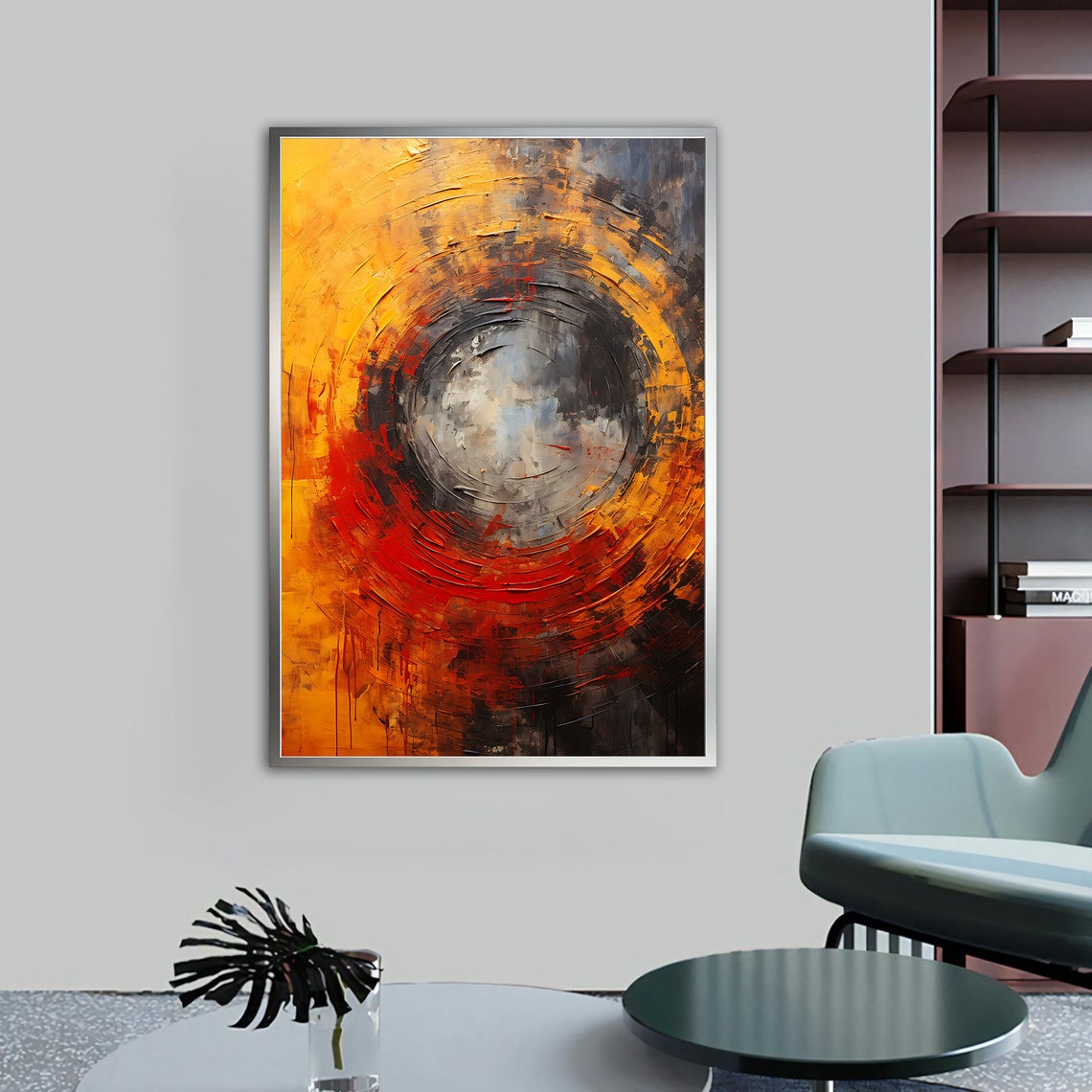 Fiery Abstract Swirl Circle Yellow Orange Red Textured Wall Art - Image 5