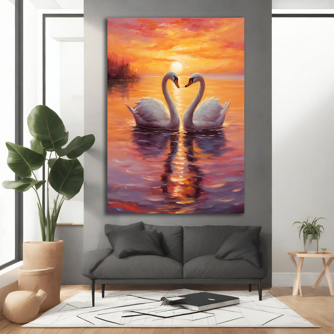 White Swans Heart Shape Sunset Lake Romantic Painting Wall Art Poster - Image 5
