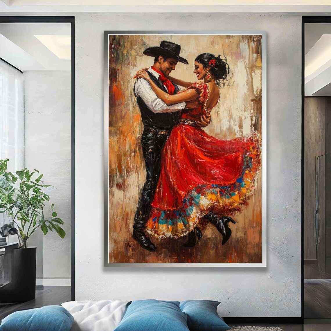Passionate Tango Couple Cowboy Hat Red Dress Romantic Dance Art Wall Art - Image 4