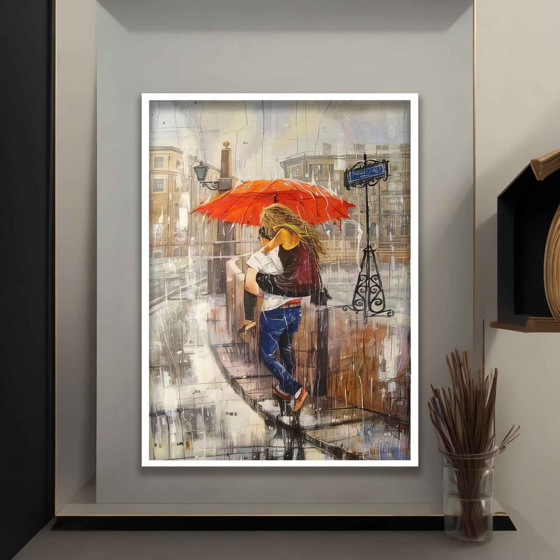 Lovers Kissing Under Red Umbrella Rainy Paris Street Romantic Poster - Image 4