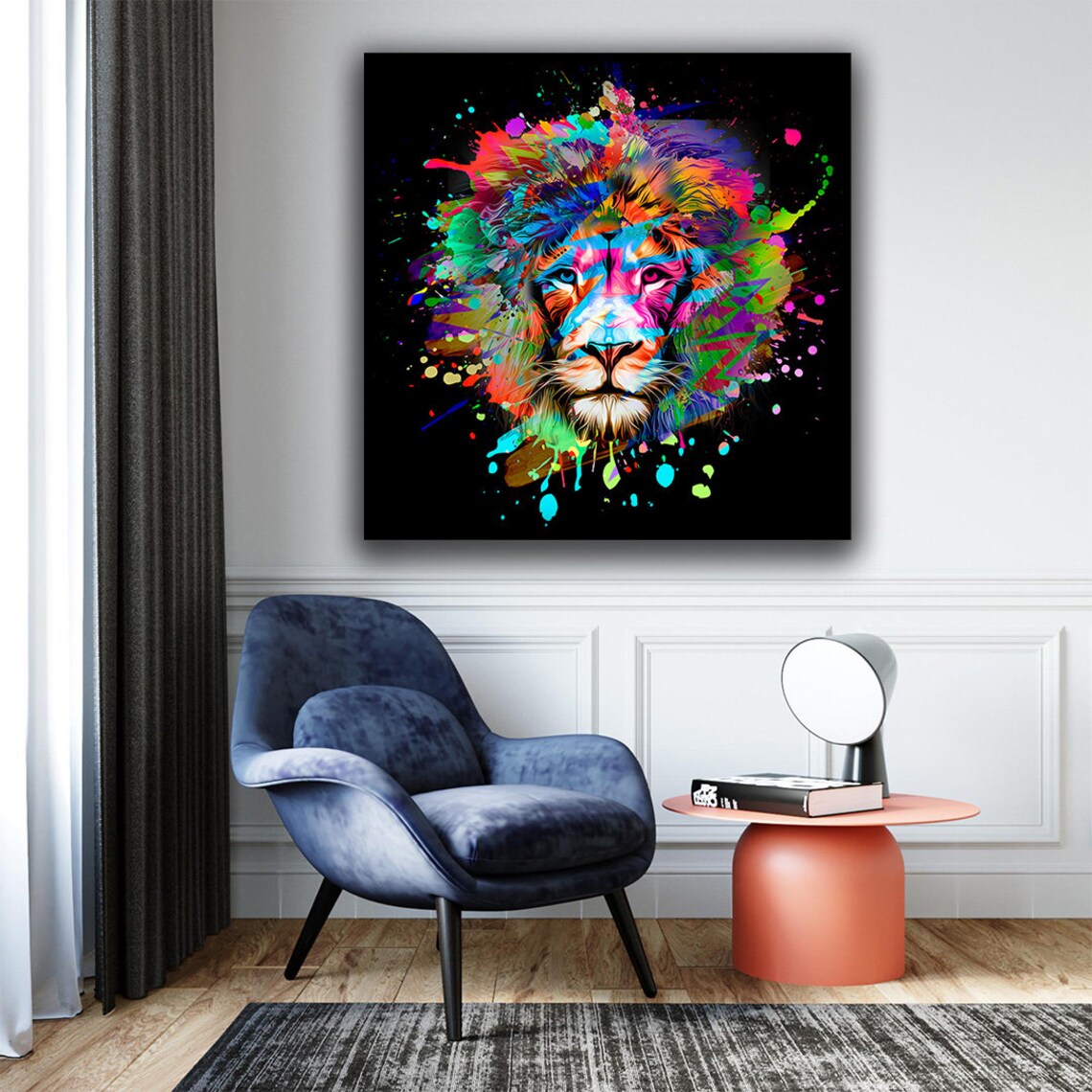 Colorful Lion Head Paint Splatter Bold Neon King Jungle Vibrant Wall Art Poster - Image 4