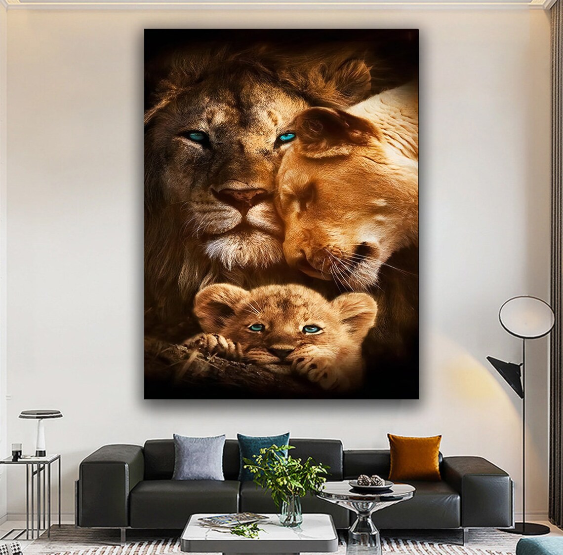 Lion Family Portrait Blue Eyes Father Mother Cub Tender Wildlife Wall Art Poster - Image 4