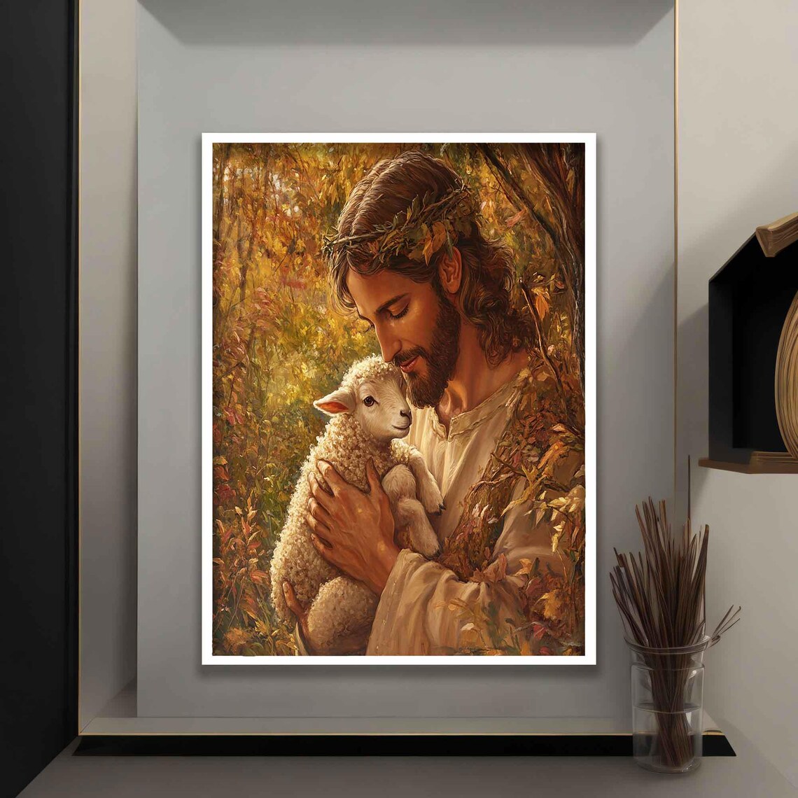 Jesus Holding Lamb Crown Of Thorns Golden Forest Faith Christian Art Poster - Image 5