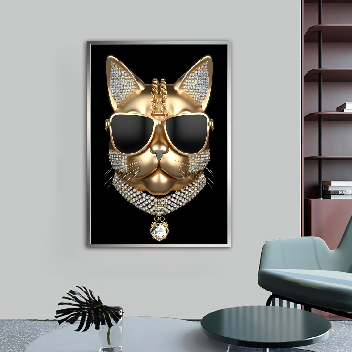 Golden Cat Wearing Sunglasses Diamond Collar Glamour Wall Art - Image 4