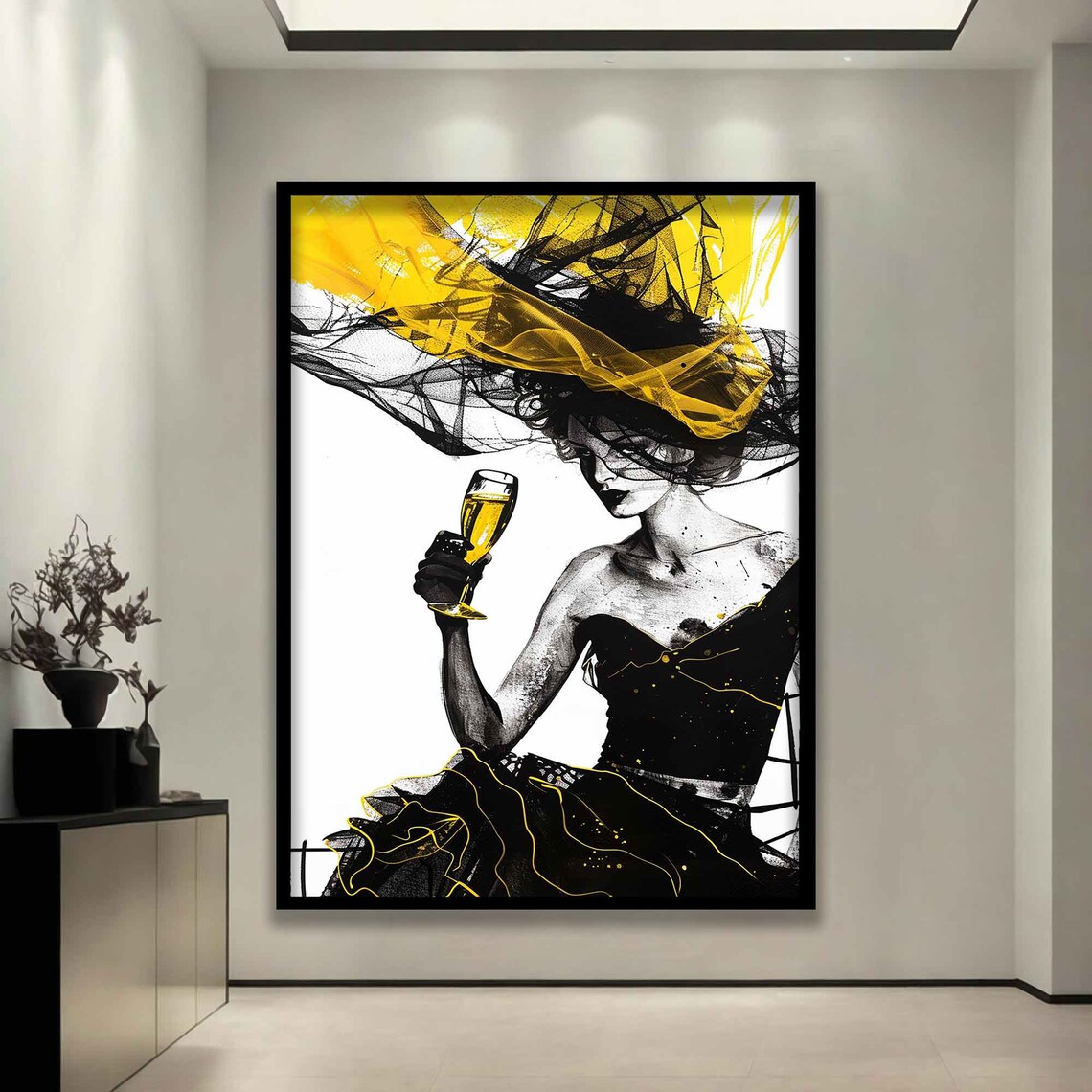Elegant Woman Champagne Dramatic Yellow Black Veil Fashion Art Poster - Image 3