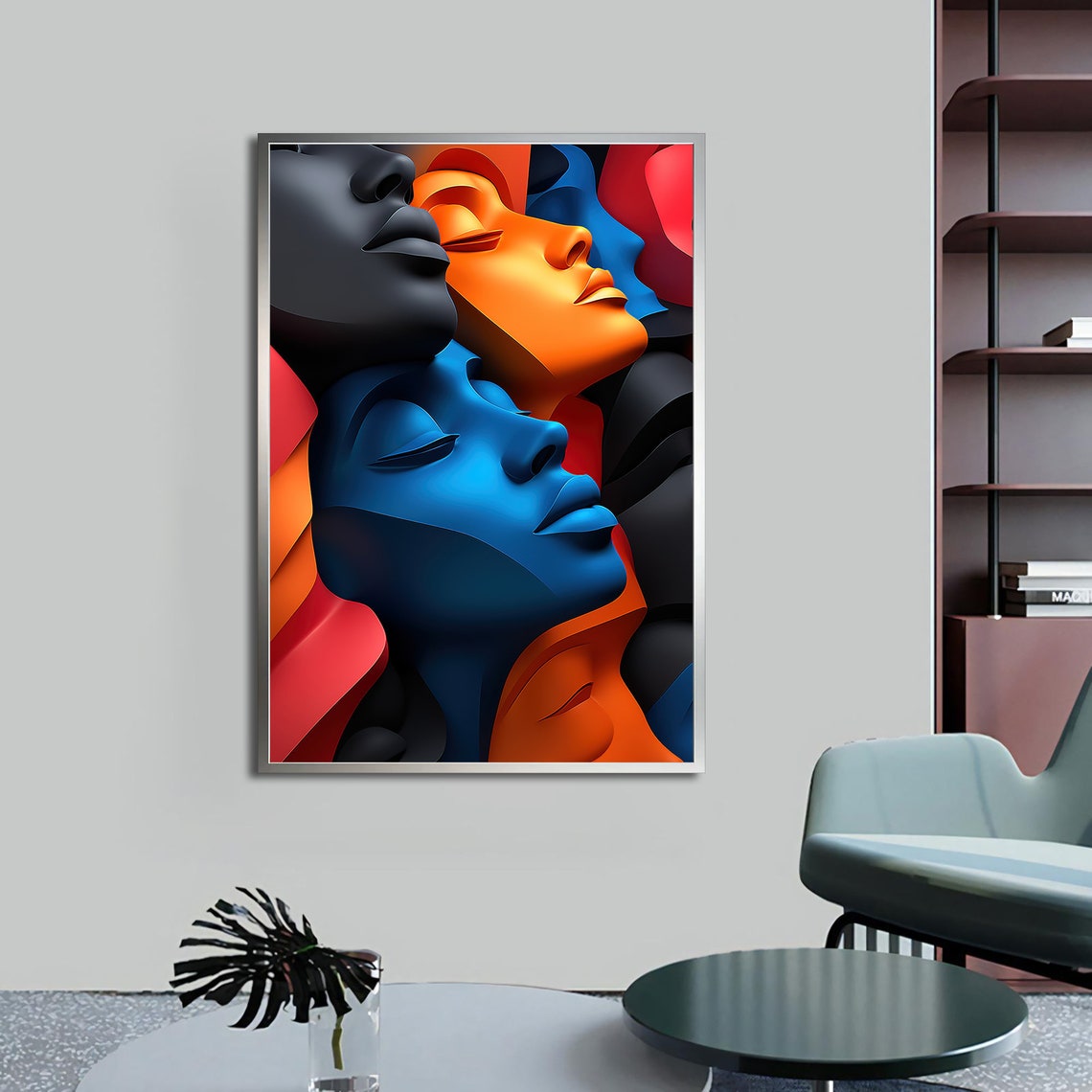 Colorful 3D Abstract Faces Blue Orange Black Modern Portrait Art Print - Image 4