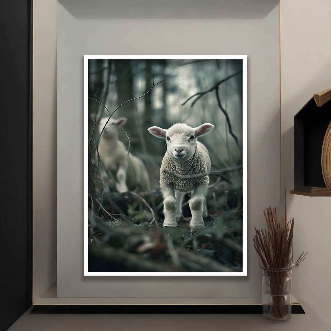 Cute White Lamb in Misty Dark Forest Adorable Baby Sheep Poster - Image 5