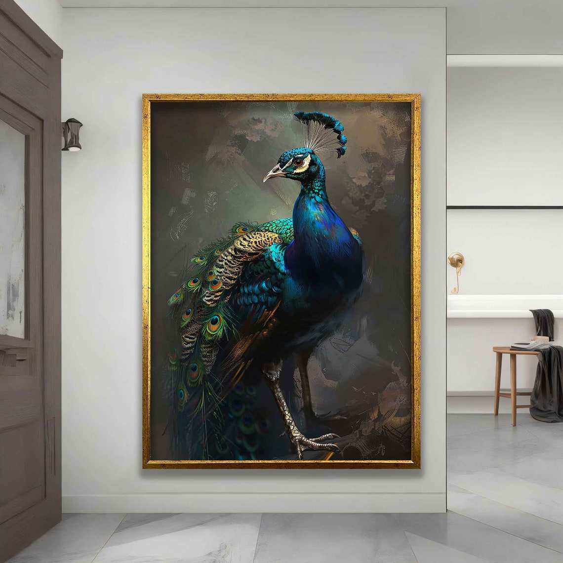 Majestic Peacock Full Body Iridescent Feathers Dark Canvas Art Poster