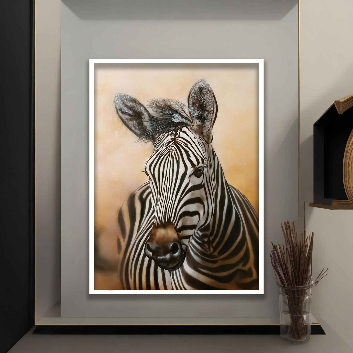 Zebra Portrait Striking Black White Stripes Warm Neutral Art Poster - Image 4