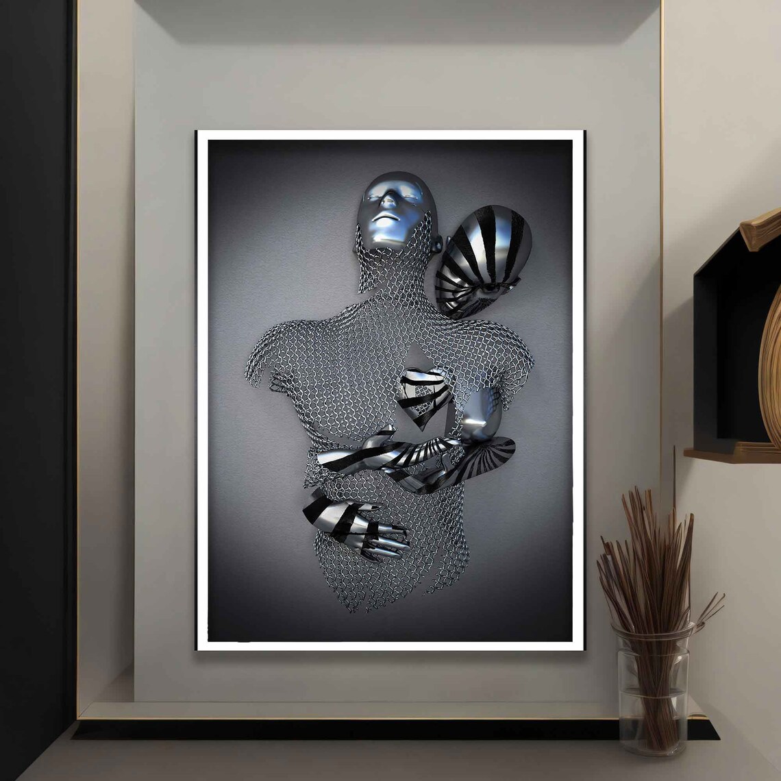 Zebra Striped Kiss Chainmail Man Surreal Sculpture Couple Art Poster - Image 5