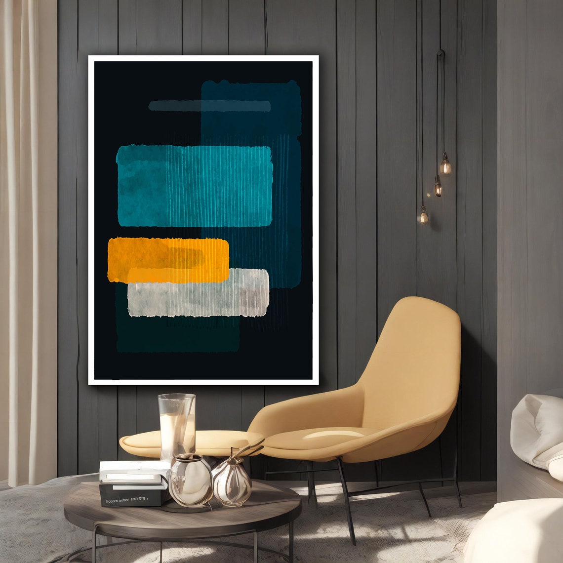 Turquoise Yellow White Brushstroke Abstract Rothko Style Modern Poster - Image 2
