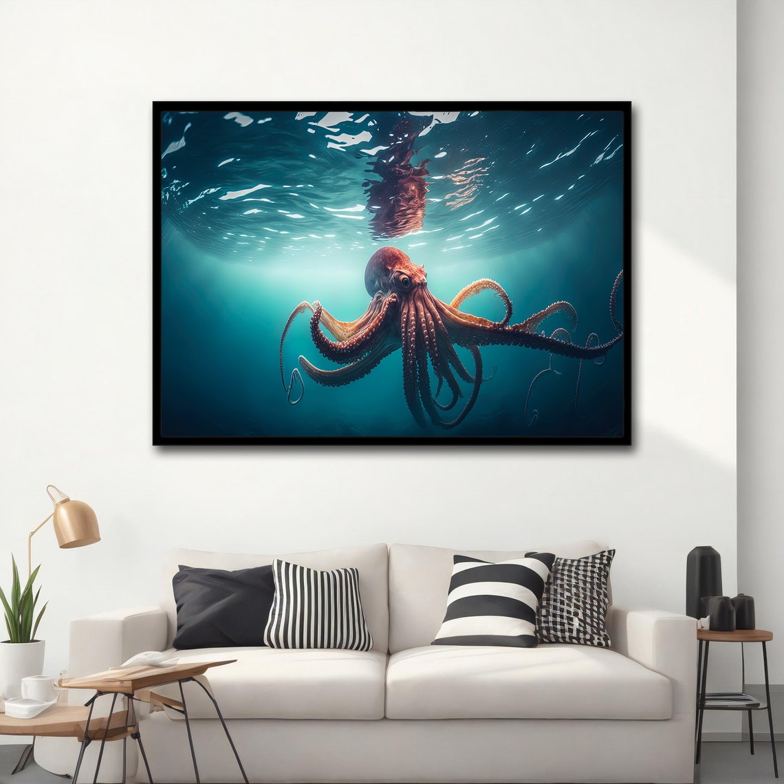 Octopus Swimming Under Sunlit Ocean Surface Tentacles Spread Poster - Image 3