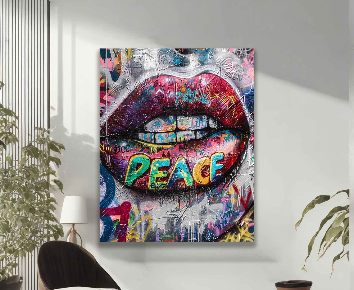 Graffiti Lip With Peace Writing, Street Art - Image 2