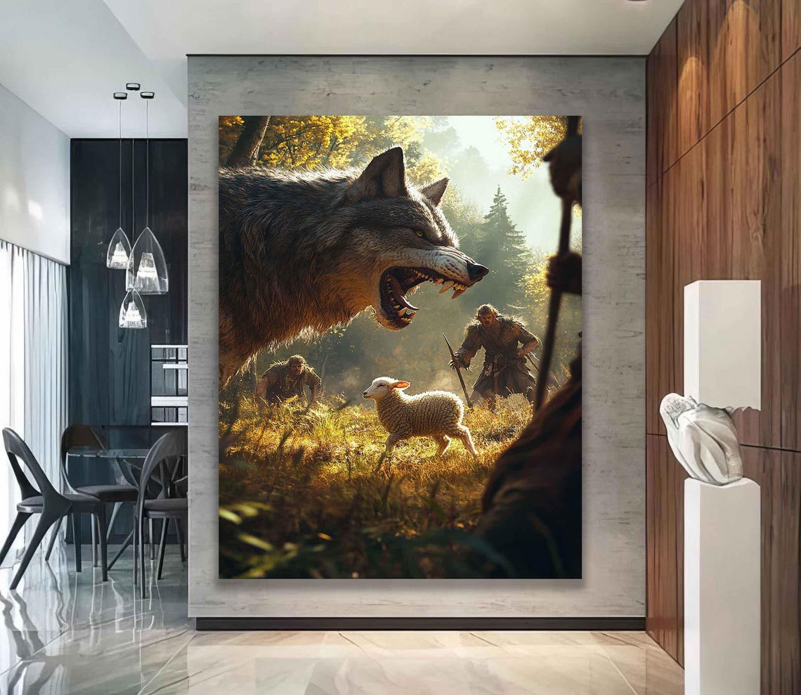 Jesus Shepherd Staff Shielding Lamb From Giant Wolf Autumn Poster - Image 2