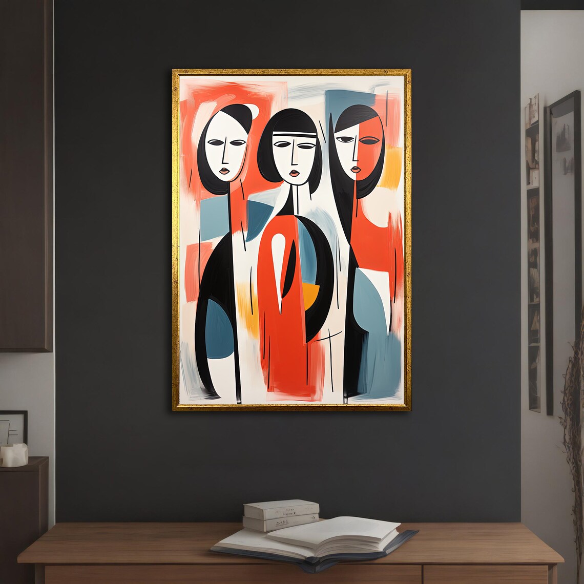 Three Abstract Women Figurative Cubist Painting Red Blue Modern Wall Art Print - Image 3