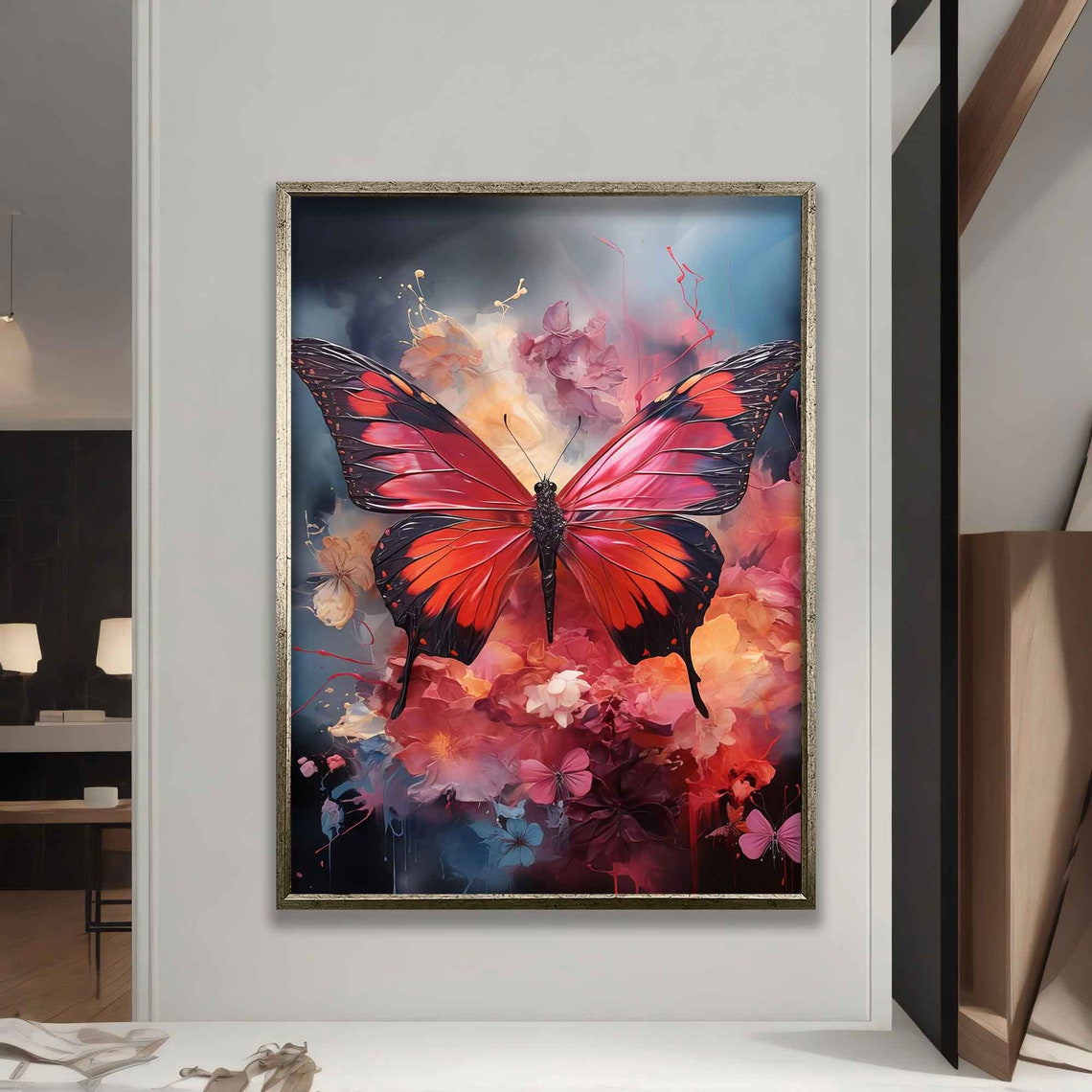 Pink Butterfly with Blossom Floral Burst Colorful Art Wall Poster - Image 5