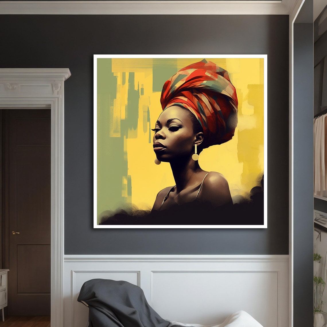 African Woman Red Headwrap Portrait Yellow Background Modern Art Print - Image 5
