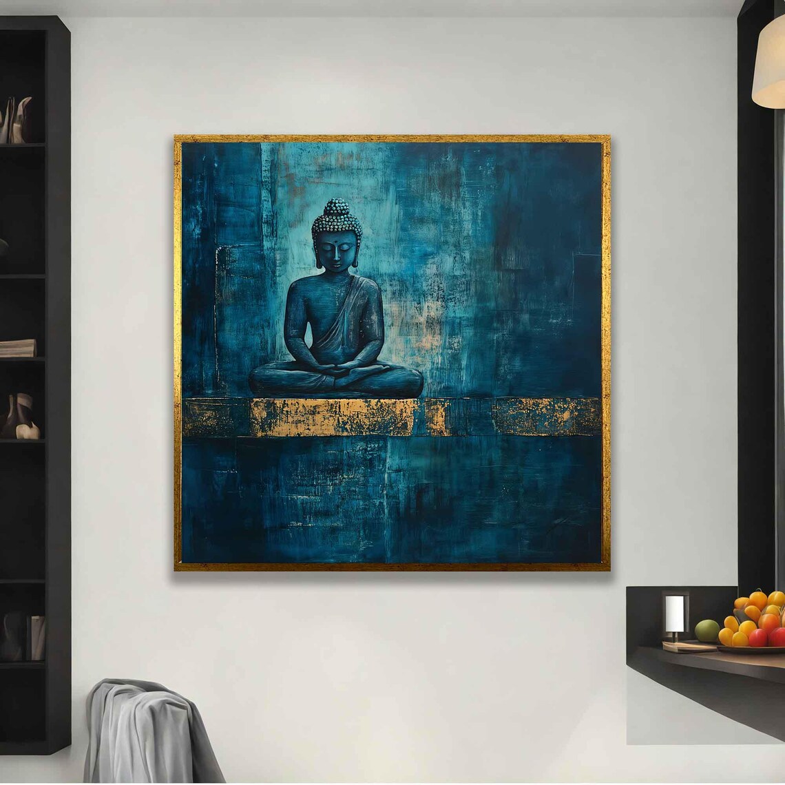 Blue Buddha Meditating Painting Teal Gold Abstract Zen Buddhist Wall Poster - Image 2