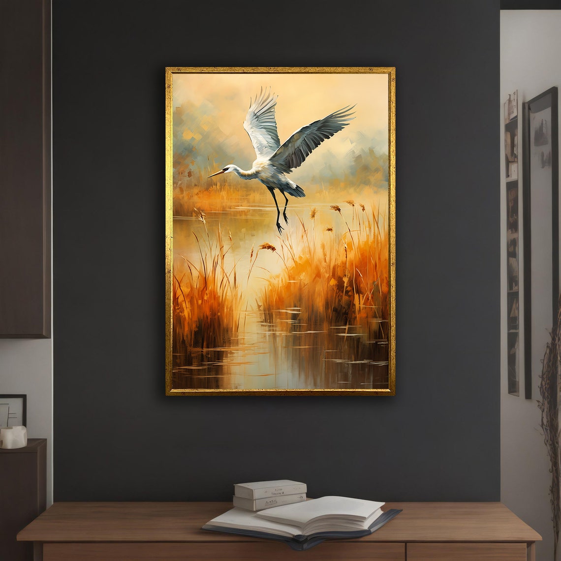 White Crane Flying Over Golden Autumn Marsh Reeds Nature Poster - Image 5