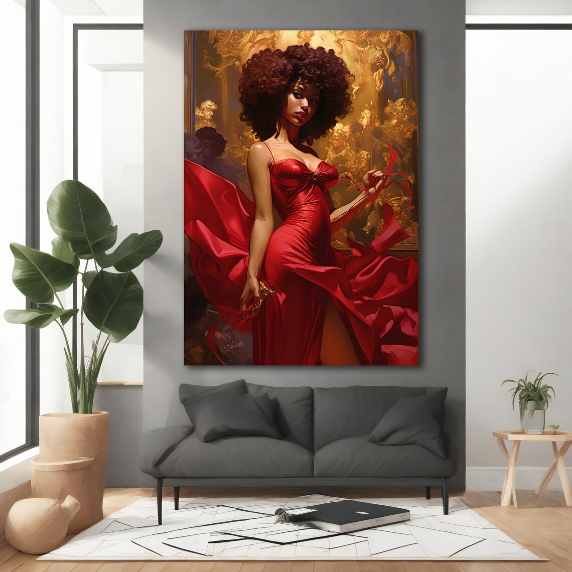 African Woman Afro Red Satin Gown Gold Baroque Elegant Art Poster - Image 3