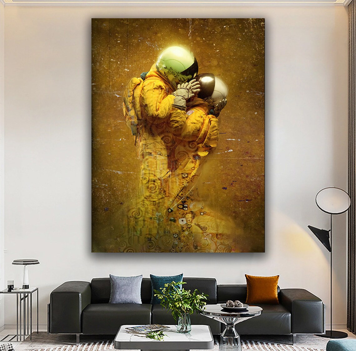 Astronauts Kissing Klimt Style Gold Space Lovers Embrace Wall Art Poster - Image 3