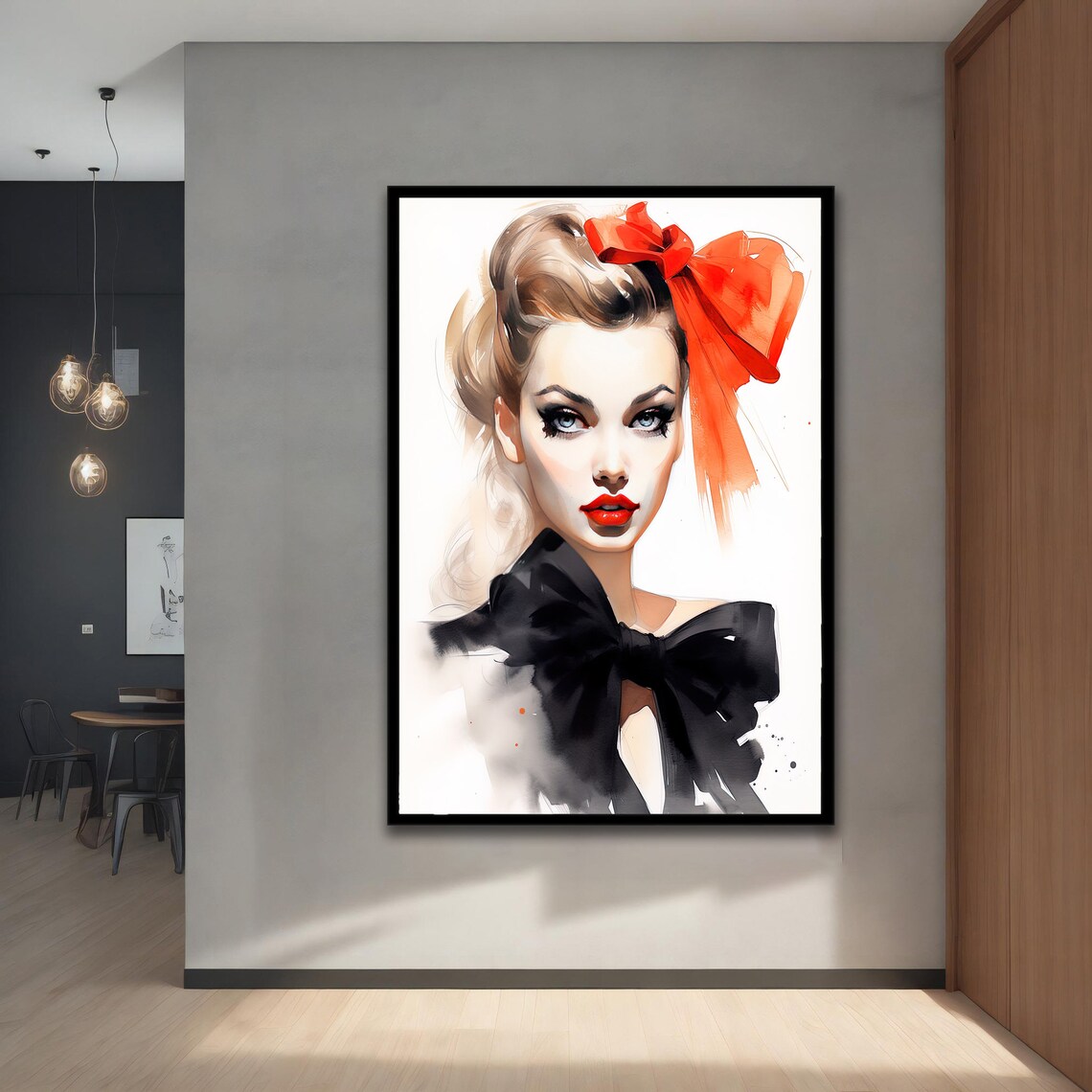 Woman with Red Bow Watercolor Portrait Elegant Fashion Art Poster - Image 5