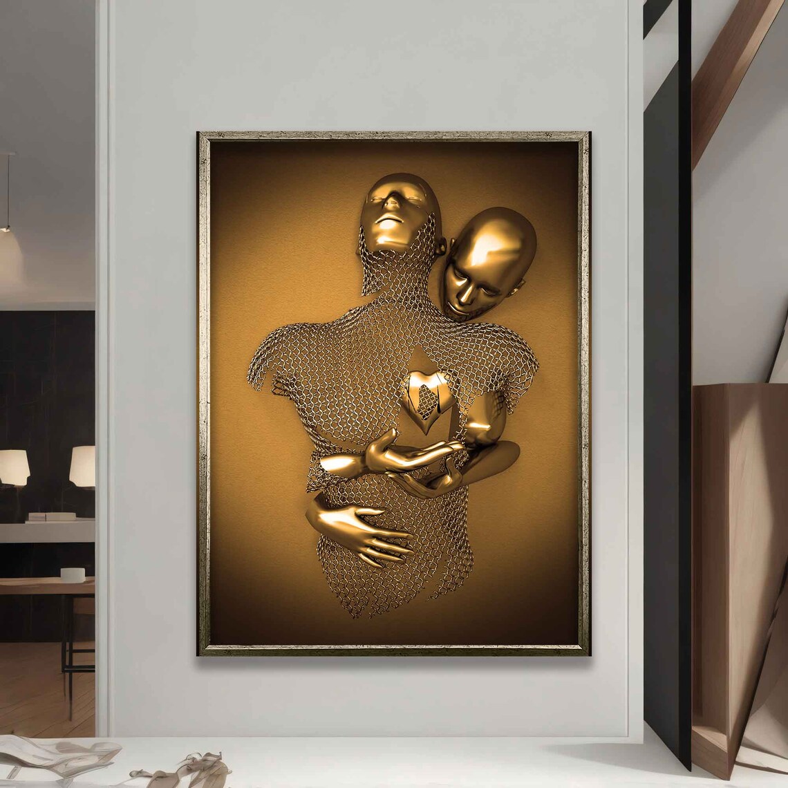 Bronze Heart Love Couples Sculpture, Wall Art Print