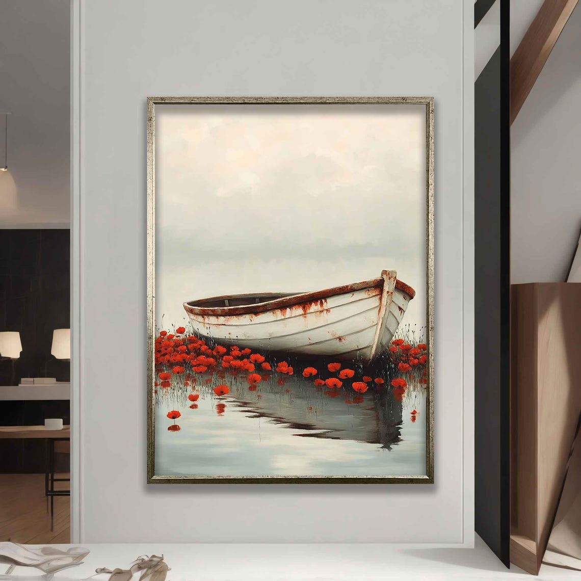 Weathered White Rowboat Among Red Poppies Seascape Painting Poster - Image 5
