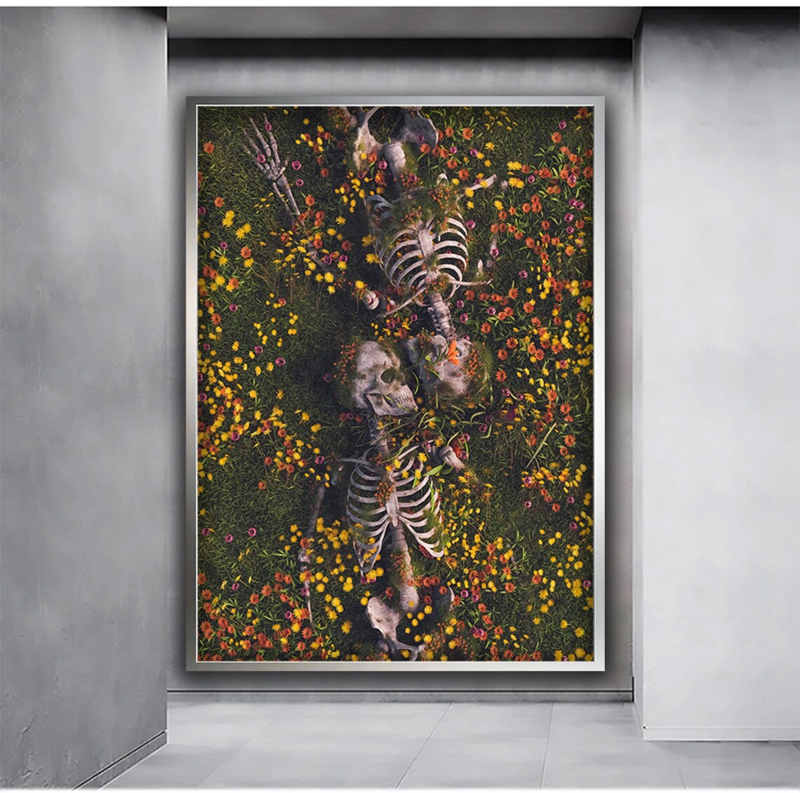 Skeleton Couple in Flower Garden, Surreal Art Print