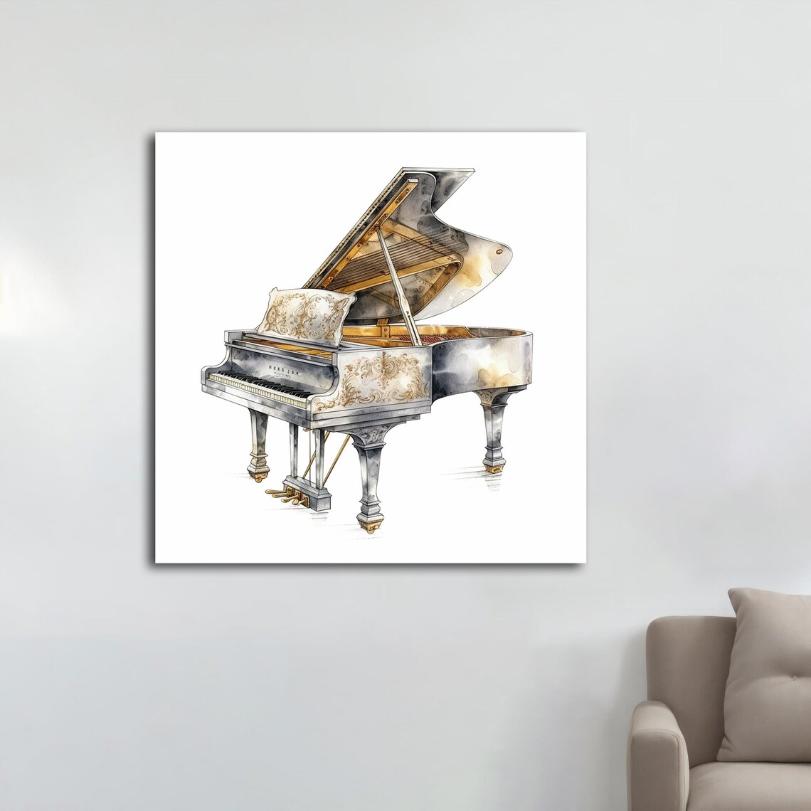 Elegant White Grand Piano Watercolor Gold Ornamental Music Art Print - Image 3