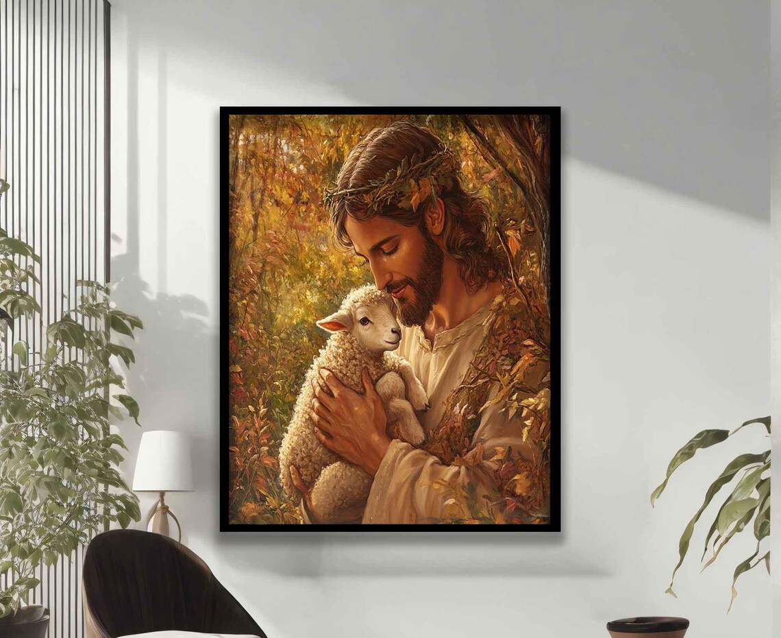 Jesus Holding Lamb Crown Of Thorns Golden Forest Faith Christian Art Poster - Image 3