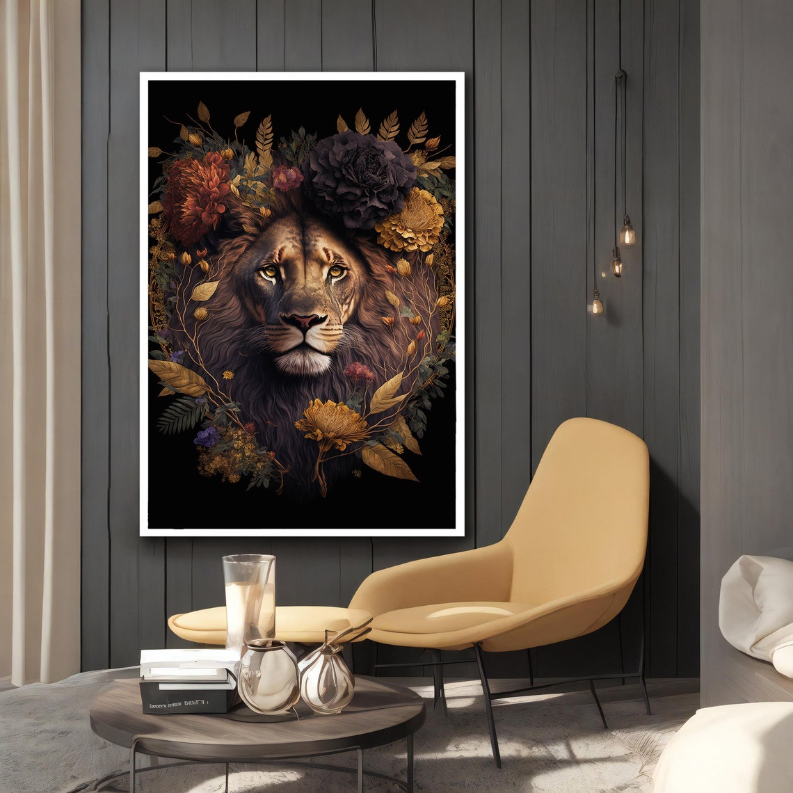 Lion Face Surrounded By Dark Floral Bloom Crown Burgundy Poster - Image 4