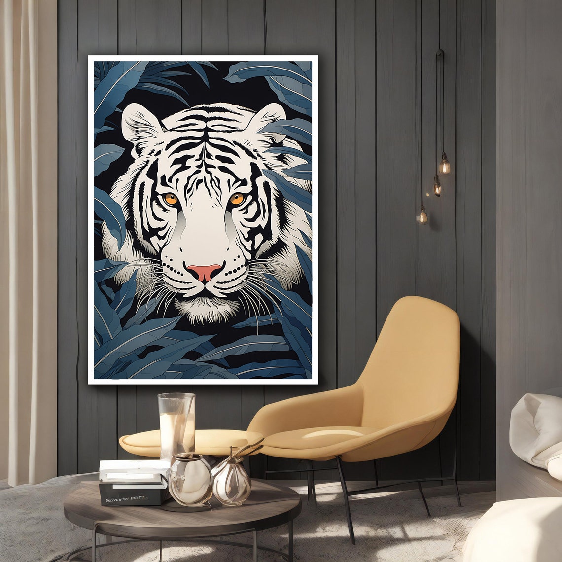 White Tiger Face Hidden In Dark Blue Tropical Leaves Art Poster - Image 2