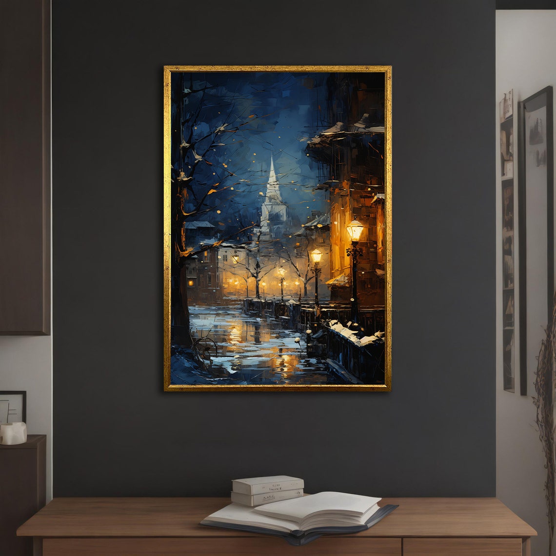 Winter Night Old Town Church Spire Lamp Glow Snowy Street Art Poster - Image 5