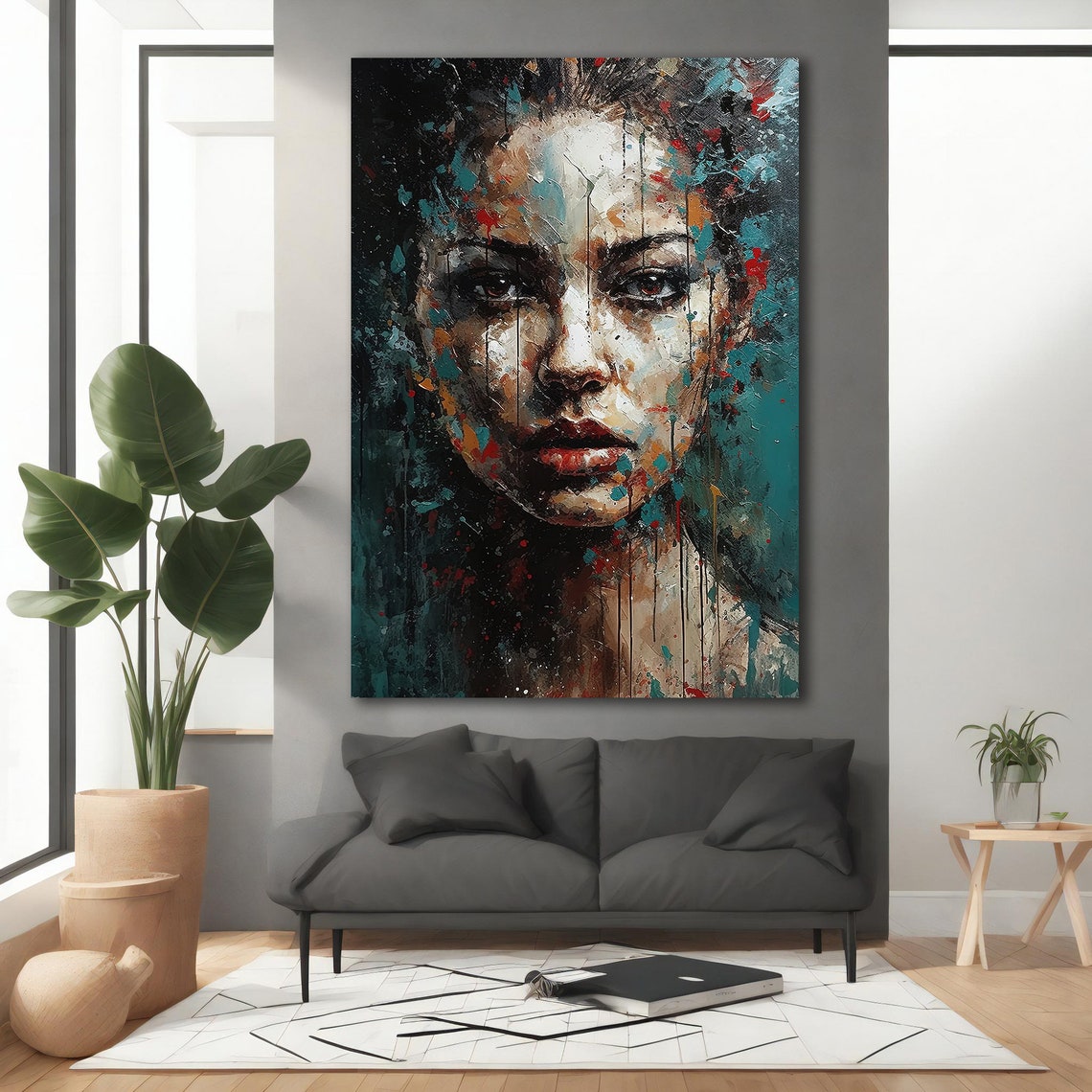 Abstract Woman Face Paint Drips Teal Dark Modern Portrait Poster - Image 5
