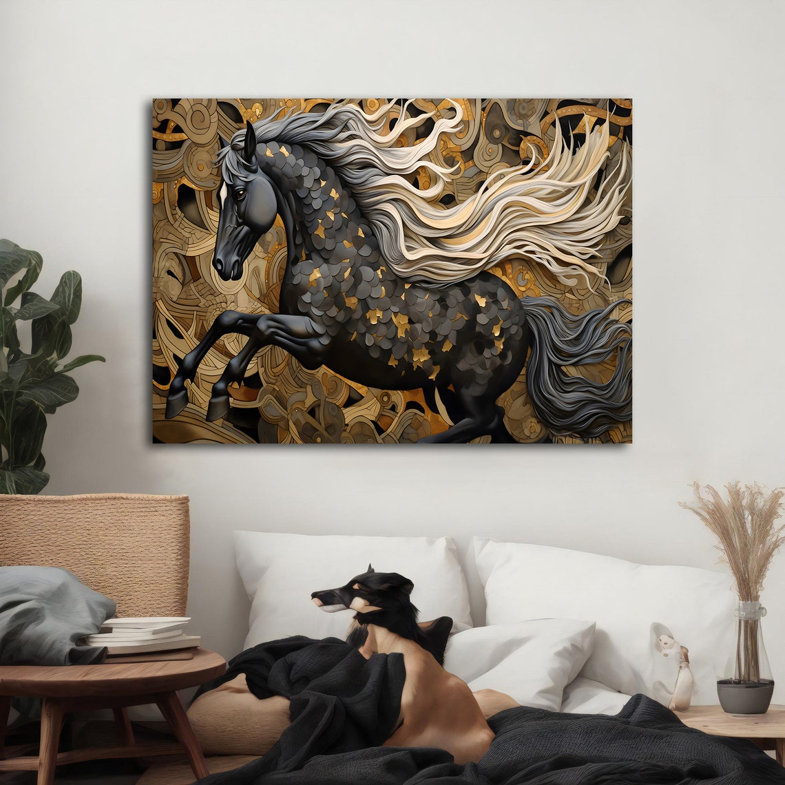 Black Gold Horse White Flowing Mane Golden Filigree Background Poster - Image 2