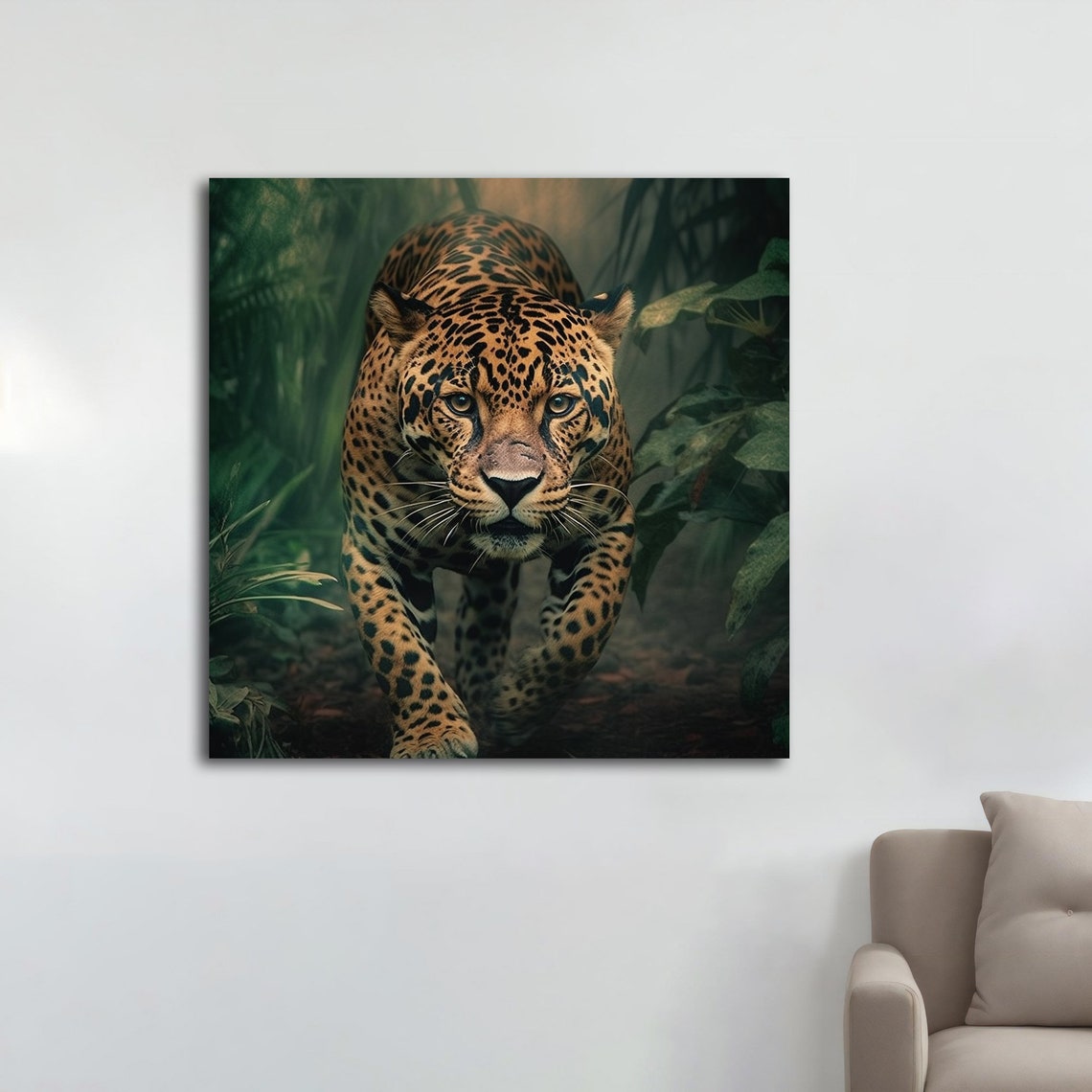 Majestic Jaguar Emerging From Misty Green Jungle Foliage Art Poster - Image 2