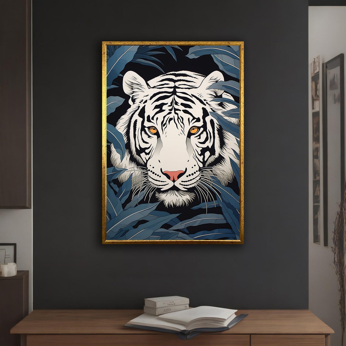 White Tiger Face Hidden In Dark Blue Tropical Leaves Art Poster - Image 3